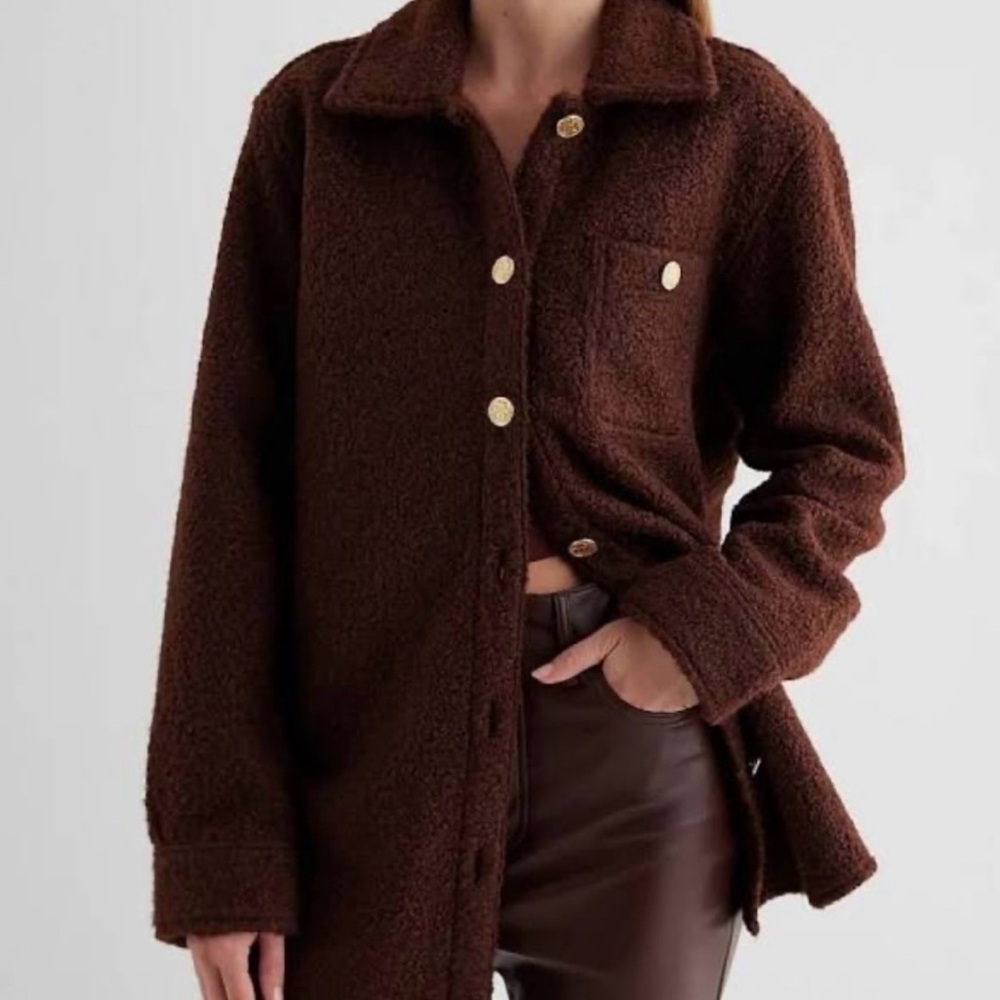 Express Fuzzy Teddy Shacket Sweater Jacket Sz XS Expresso Brown